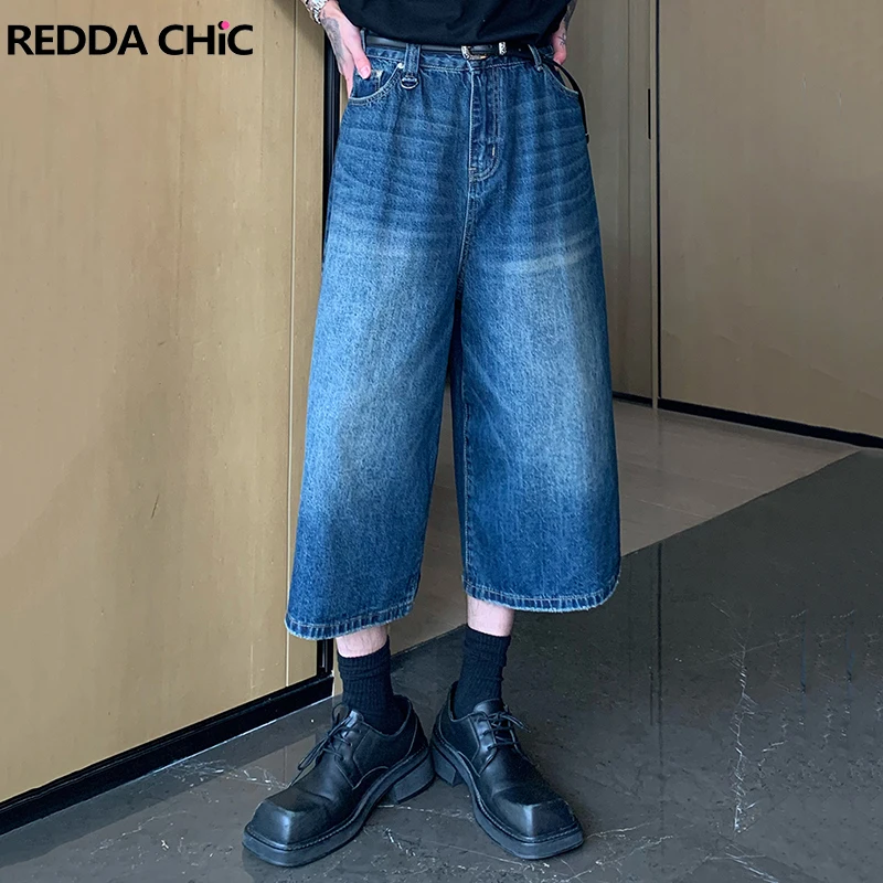 

REDDACHIC Vintage Whiskers Baggy Jorts Men Denim Shorts Distressed Frayed Wide Leg Cropped Jeans Casual Pants Summer Clothes