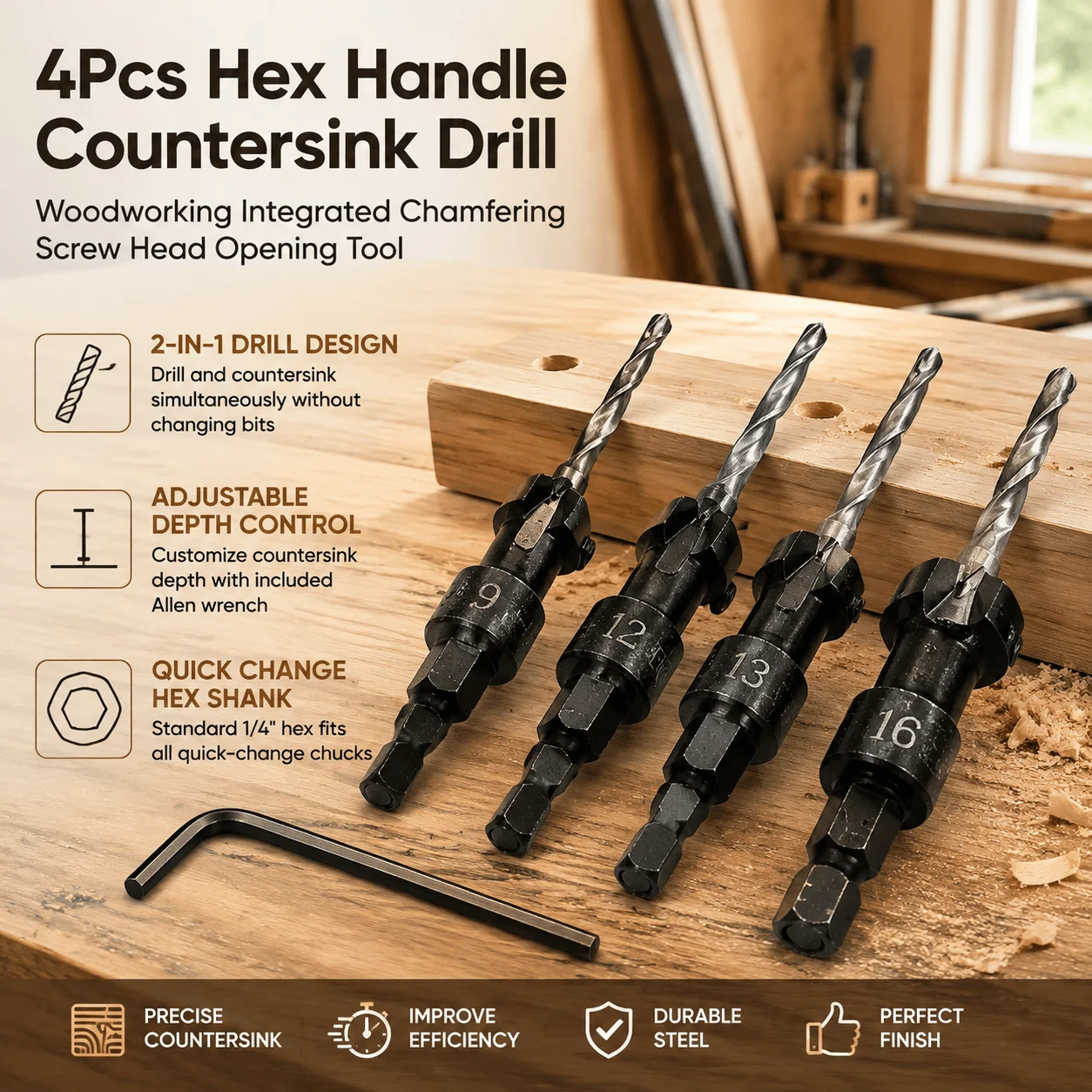 Countersink Drill Bit Set 2-In-1 Adjustable Depth Control Quick Change Hex Shank 4Pcs Woodworking Carpentry Screw Hole
