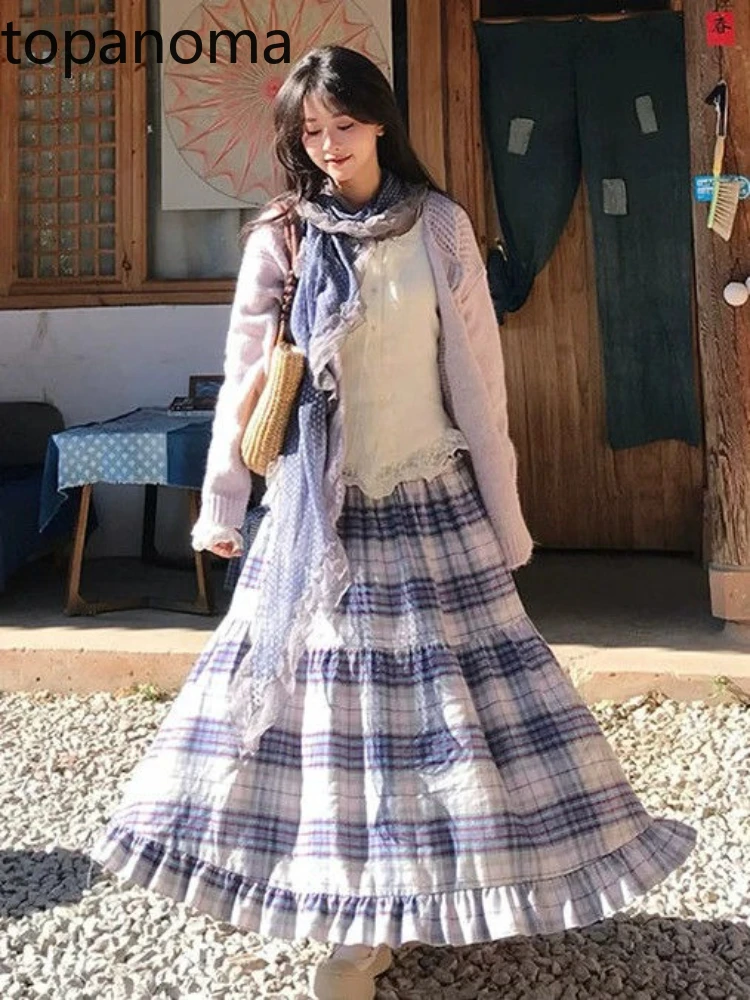 

Topanoma Skirts Women Plaid Stretch High Waist Vintage Fashion Autumn New French Style Chic Loose Long Skirt Sweet Elegant