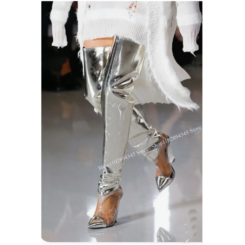 Silver Clear PVC Pointed Toe Boots Thick Heel Over Knee High Fashion 2023 Summer Casual Big Size Woman Shoes Zapatillas Mujer