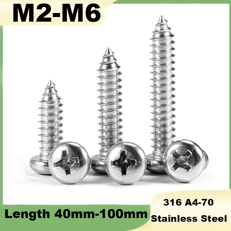 M2 M2.2 M2.6 M3 M3.5 M4 M5 M6 316 A4 Stainless Steel Cross Phillips Round Pan Head Self-tapping Wood Screw Marine Grade