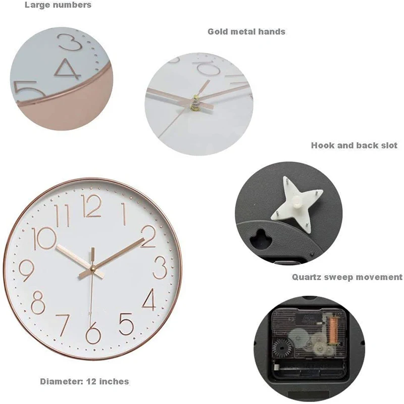 12inch Quartz Wall Clock Silent Non-Ticking Wall Clock for Indoor Modern Decorative Rose Golden