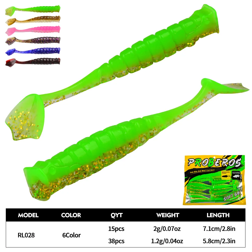 PRO BEROS 38-teiliges Set mit 15 bionischen Wurm-Mikro-T-Tail-Softködern (1,2g, 2g) für Lead-Head-Haken, Ned Rig Angelköder, Seebarschköder – Detail 4