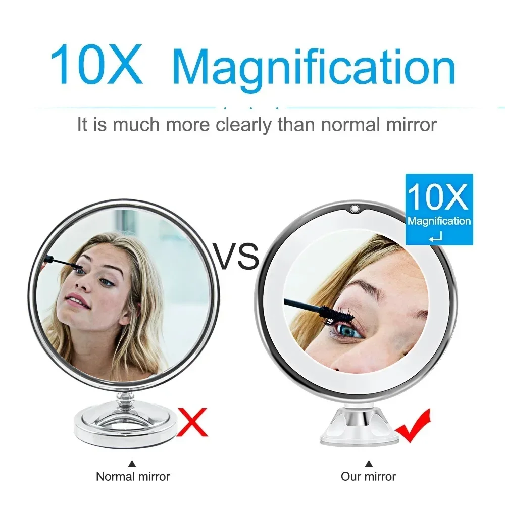 Flexible 10x Magnifying Vanity Mirror with Lights Touch Screen Lighting Dressing Makeup Lamp Bottom Sucker Portable Design LED