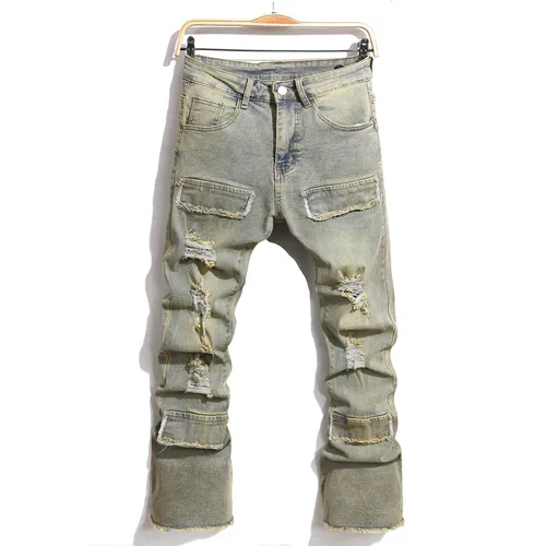 Ropa de calle estilo Retro hombres rasgados empalmados pantalones vaqueros delgados agujeros de Hip hop pantalones vaqueros elegantes para hombre