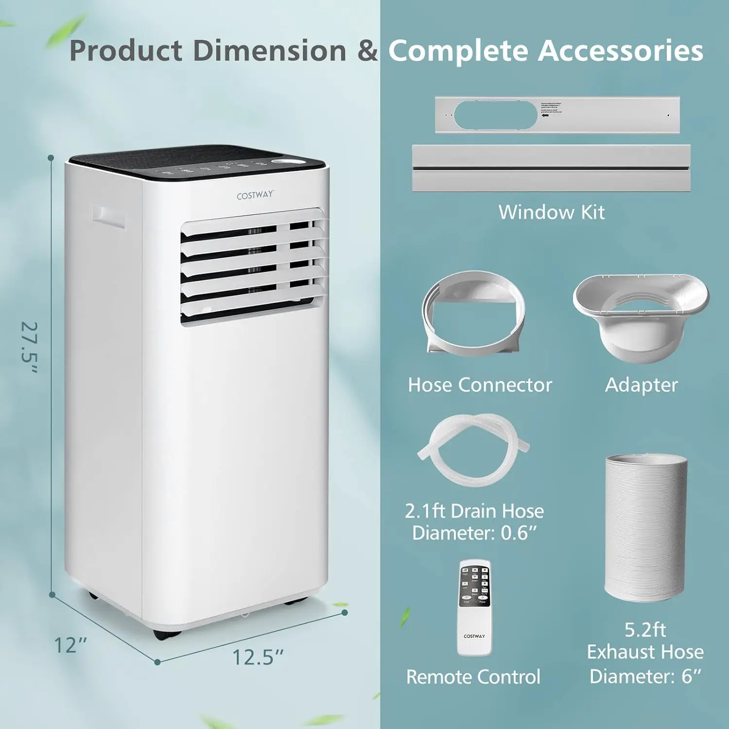 Ar condicionado portátil de 10000 BTU, com modo ventilador e desumidificador, unidade CA silenciosa com modo de suspensão, 2 velocidades, display LED com temporizador de 24 horas