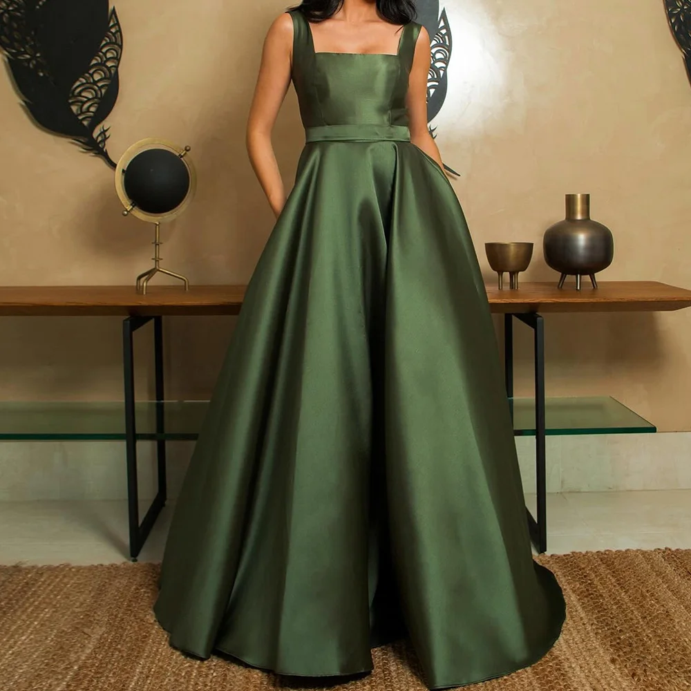 

A-Line Square Neck Spaghetti Straps Satin Sleeveless Green Graceful and Temperament Evening Dresses Bow Pleats Saudi Arabia 2024