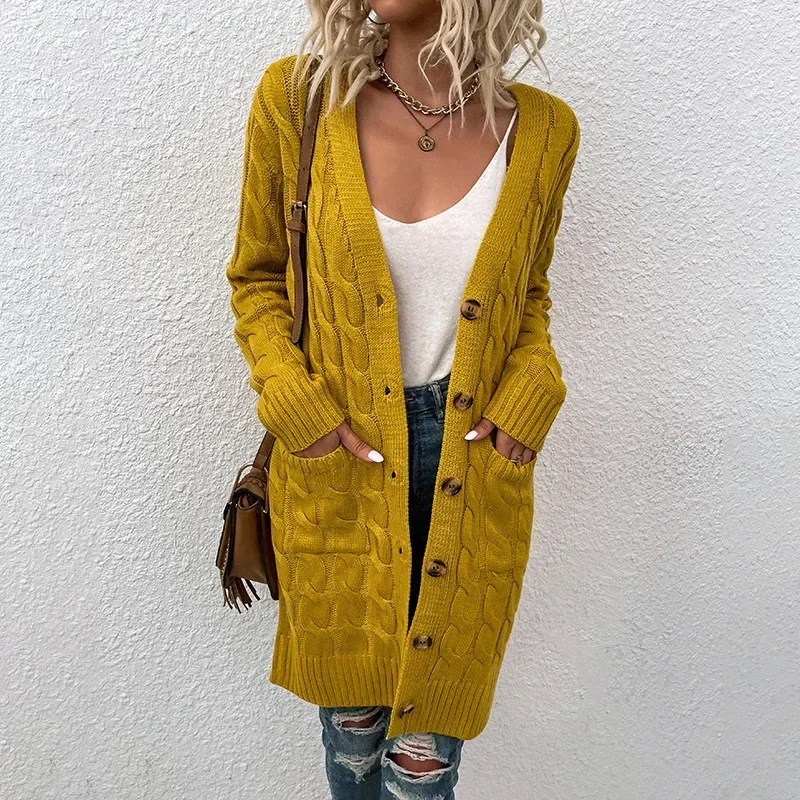 New Womens Knitted Sweater Autumn/Winter 2023 Long Fried Dough Twists Sweater Womens Button Cardigan
