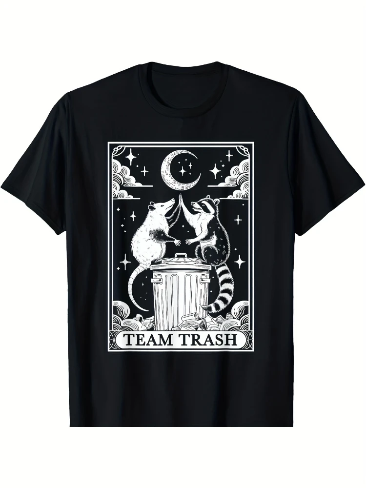 

Vintage Gothic Team Trash Tarot with Raccoon,Opossum,Crescent Moon & Dumpster design-100% cotton printed men's T-shirt.