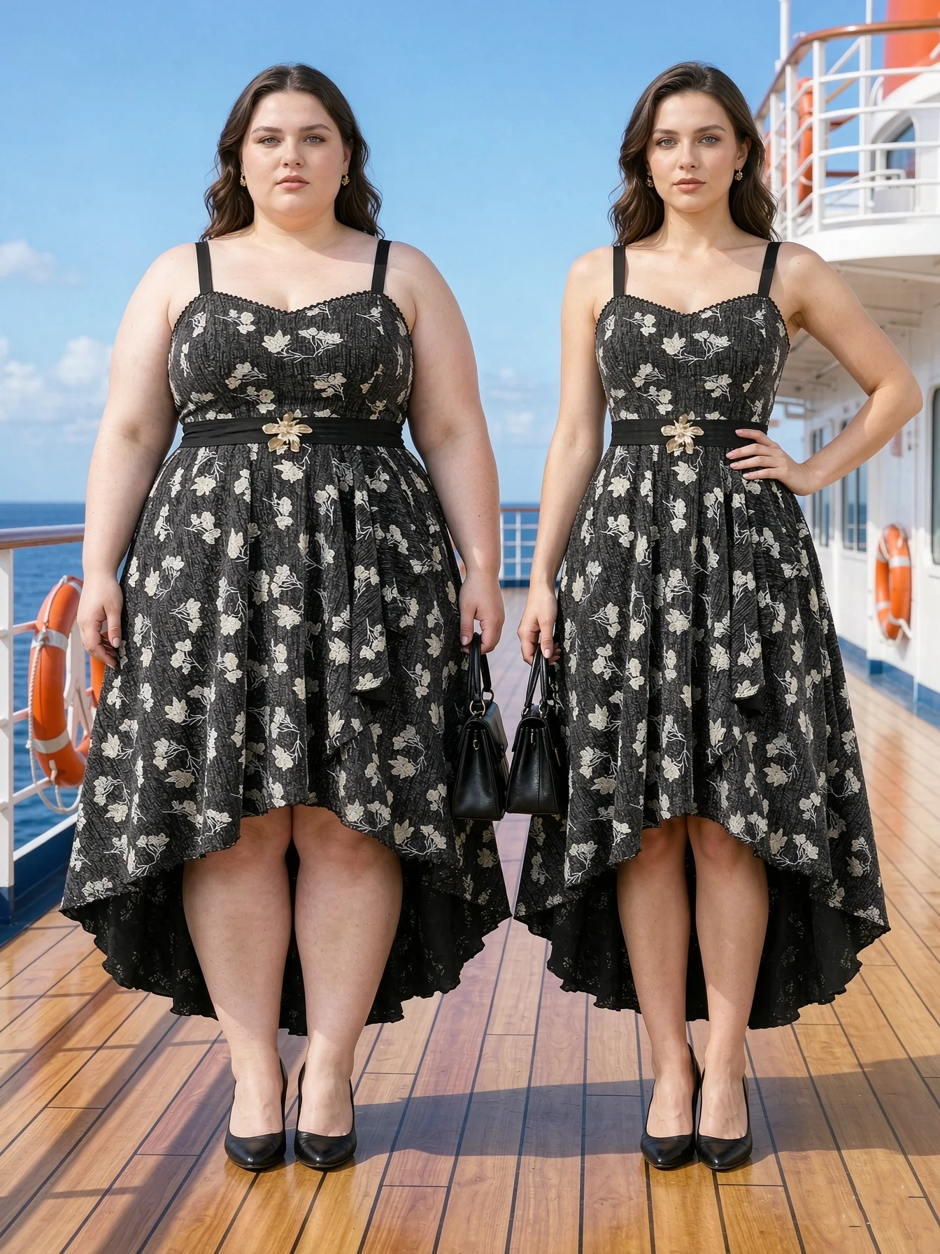 Plus Size Women Floral Print High Low Dress Casual Summer Sleeveless Midi Dress With Removable Belt, Black Party Dresses Vestido