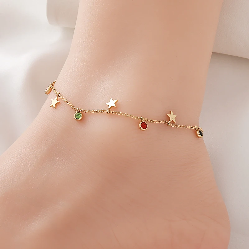 

Colorful Zircon Love Butterfly Pendant Anklet For Lady Classic Stainless Steel Four Leaf Clover Leaf Wrist Chain Jewelry Gifts