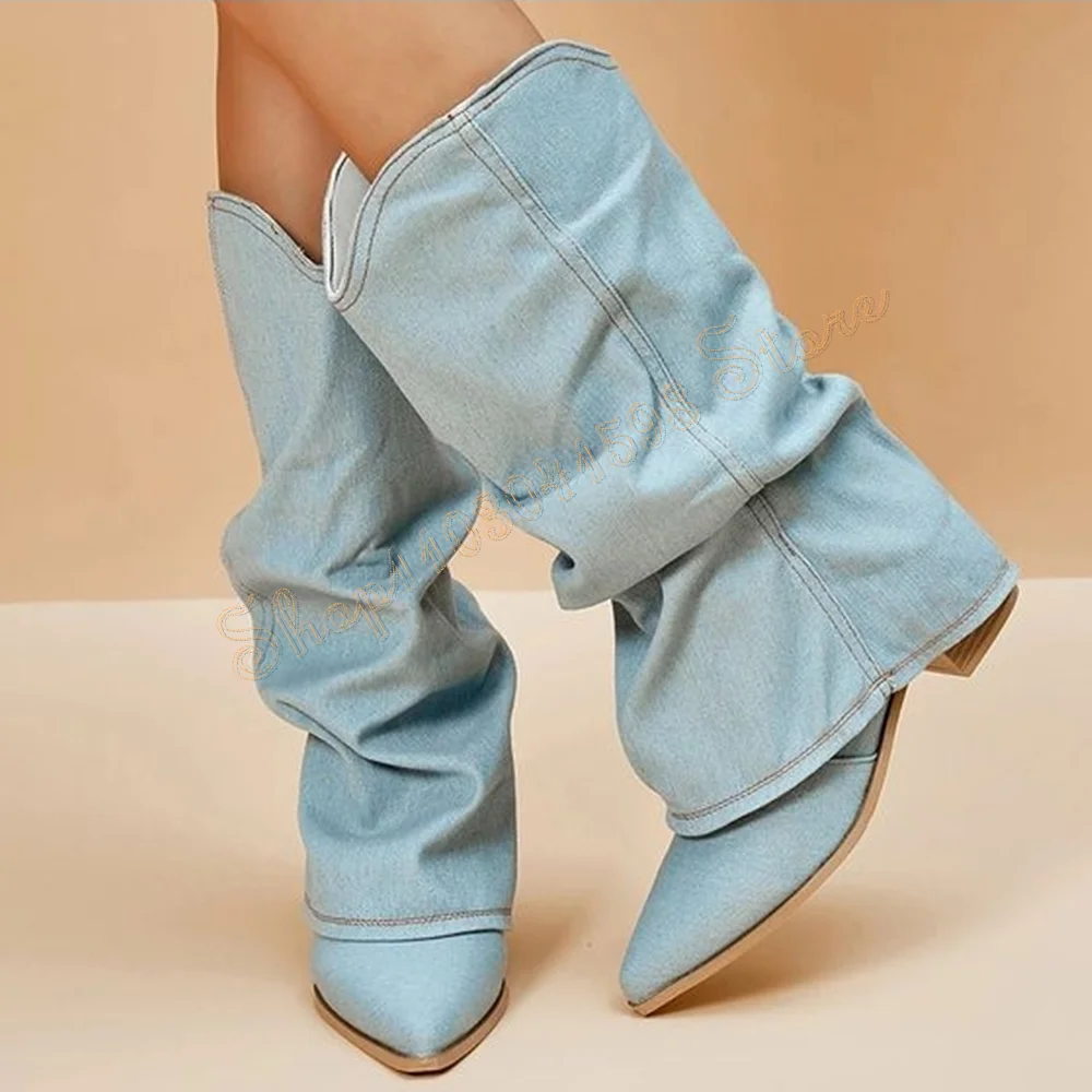 Demin Pleated Slip on Boots Chunky Mid Calf High Heels Pointed Toe High Heel Shoes for Women Heels 2024 New Zapatos Para Mujere