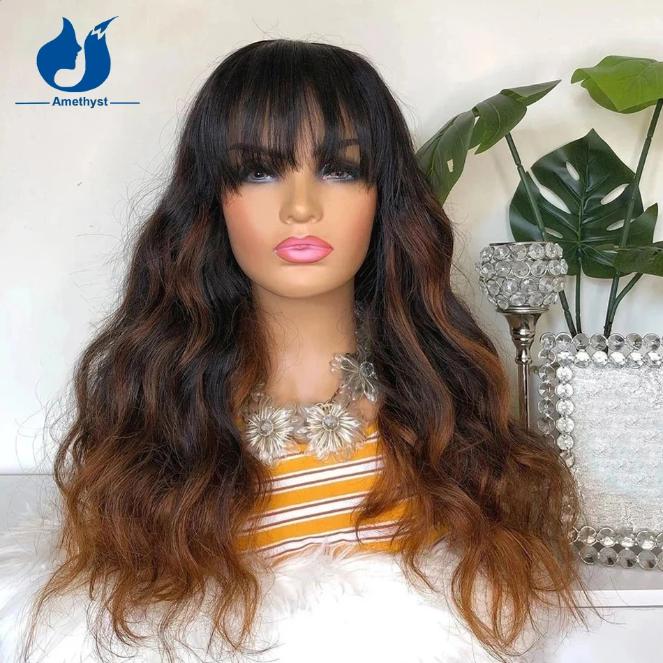 

Аметистовый объемный волнистый медовый блондин, мелированный парик для женщин, бразильские человеческие волосы Remy с челкой, верхняя часть головы, полностью машинное производство, омбре