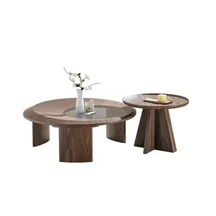 *Modern Walnut Wood Coffee Table with Round Glass Top Creative Designer Piece. Minimalist yet Functional.