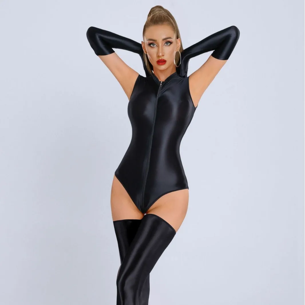 New Glossy Shiny Sleeveless Nylon Catsuit Two Way Zipper Crotch Bodysuit Elastic Tank Body Top Tights Teddies Sukumizu Swimsuit image 3