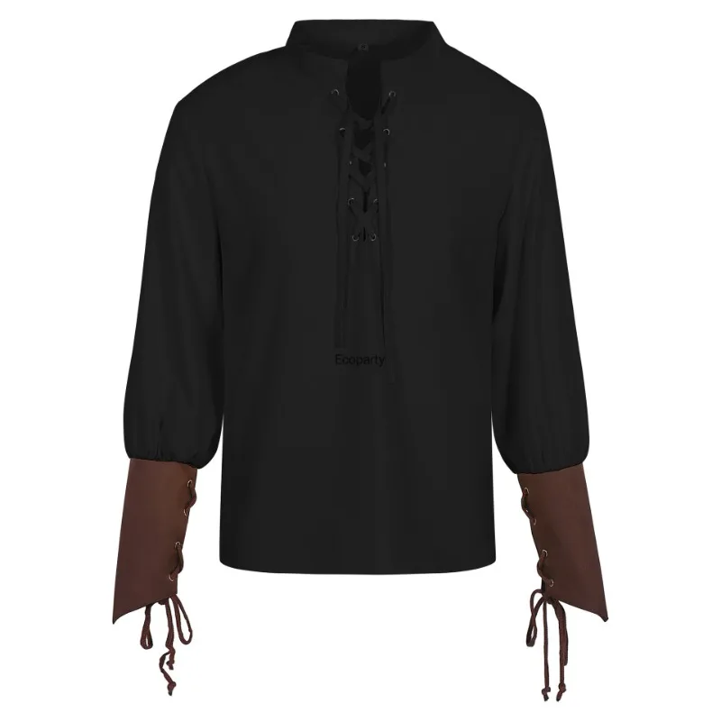 Camisas Masculinas de Pirata, Camisas Medievais Renascentistas, Camiseta Masculina de Manga Longa com Patch, Camisa Viking Vintage, Camisa de Halloween com Gola de Cordão