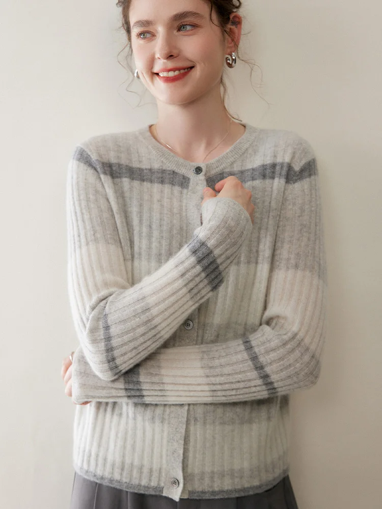 

TLOML luxury Women's 100% Cashmere Sweater O-neck Striped Cardigan Autumn Winter Soft Warm Office Lady Simple Style Comfy Coat