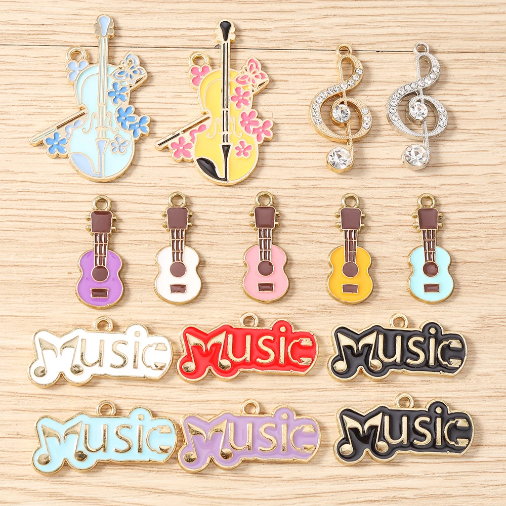 10 Stück niedliche, gemischte Emaille-Musikbuchstaben-Gitarren-Anhänger für die Schmuckherstellung, Halsketten, Ohrringe, Armbänder, DIY-Bastelzubehör – Detail 1