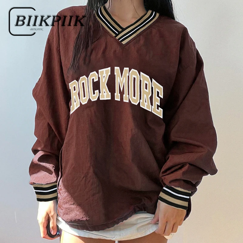 

BIIKPIIK Letter Printed Embroidery Women Hoodie Casual V-neck Long Sleeve Straight Tops Autumn Fashion All-matched Outfits Sport