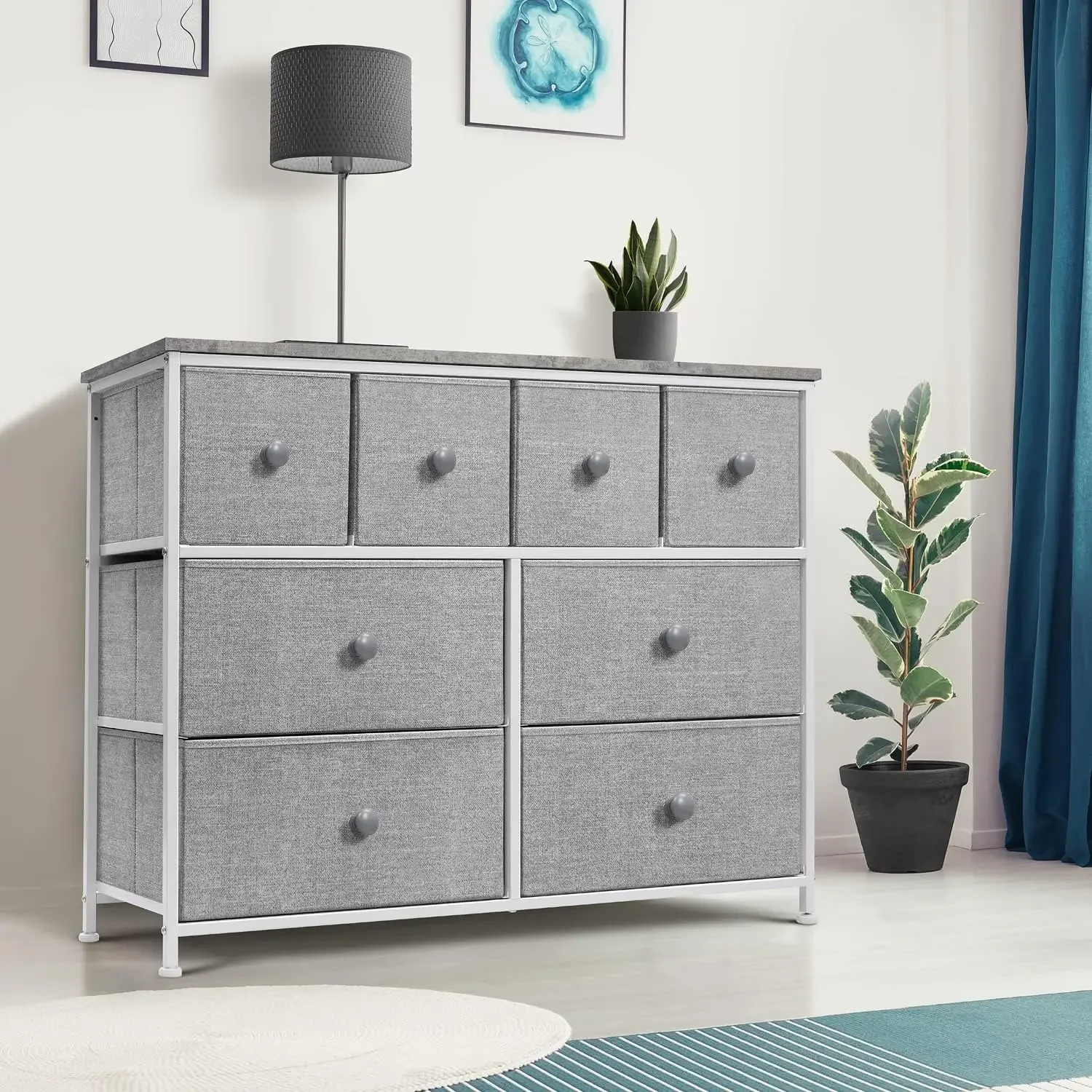 Dresser with 8 Drawers - Chest Clothing Organizer Unit with Steel Frame Wood Top Knob Handle Easy Pull Fabric Bins Large