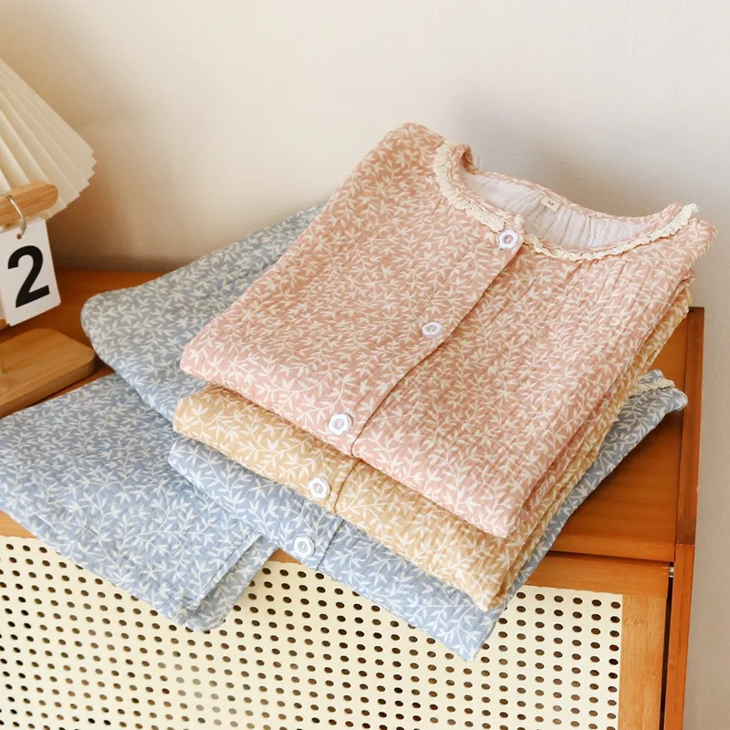Cotton Gauze Sleepwear Women's round Neck Home Clothes Thin Spring Summer Floral Lace  Soft Breathable Country Style