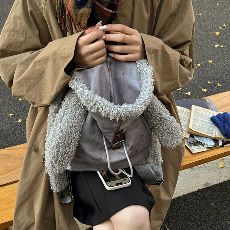 Hasenohr-Rucksack für Damen 2025, süßer Retro-Rucksack mit Kordelzug, einfache, geräumige Tasche für den täglichen Gebrauch im Herbst und Winter