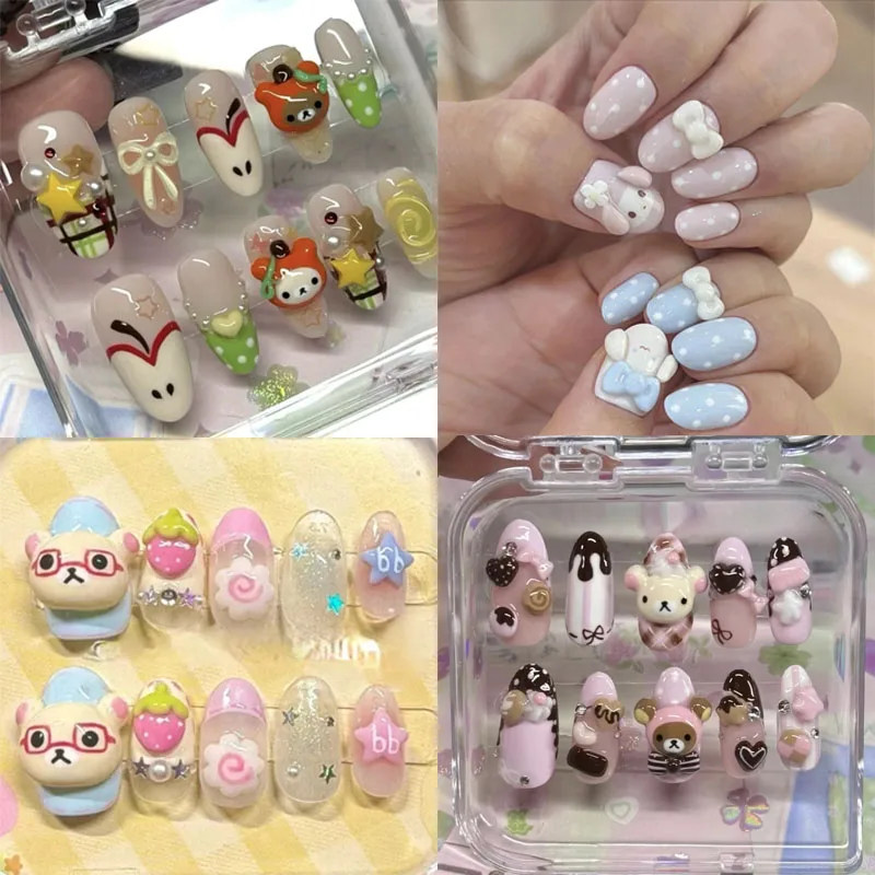 

10Pcs Kawaii Rilakkuma Handmade Press on Fake Nails 3D Animal Cute Love Bow Strawberry Nail My Melody Cinnamoroll Party Sticker