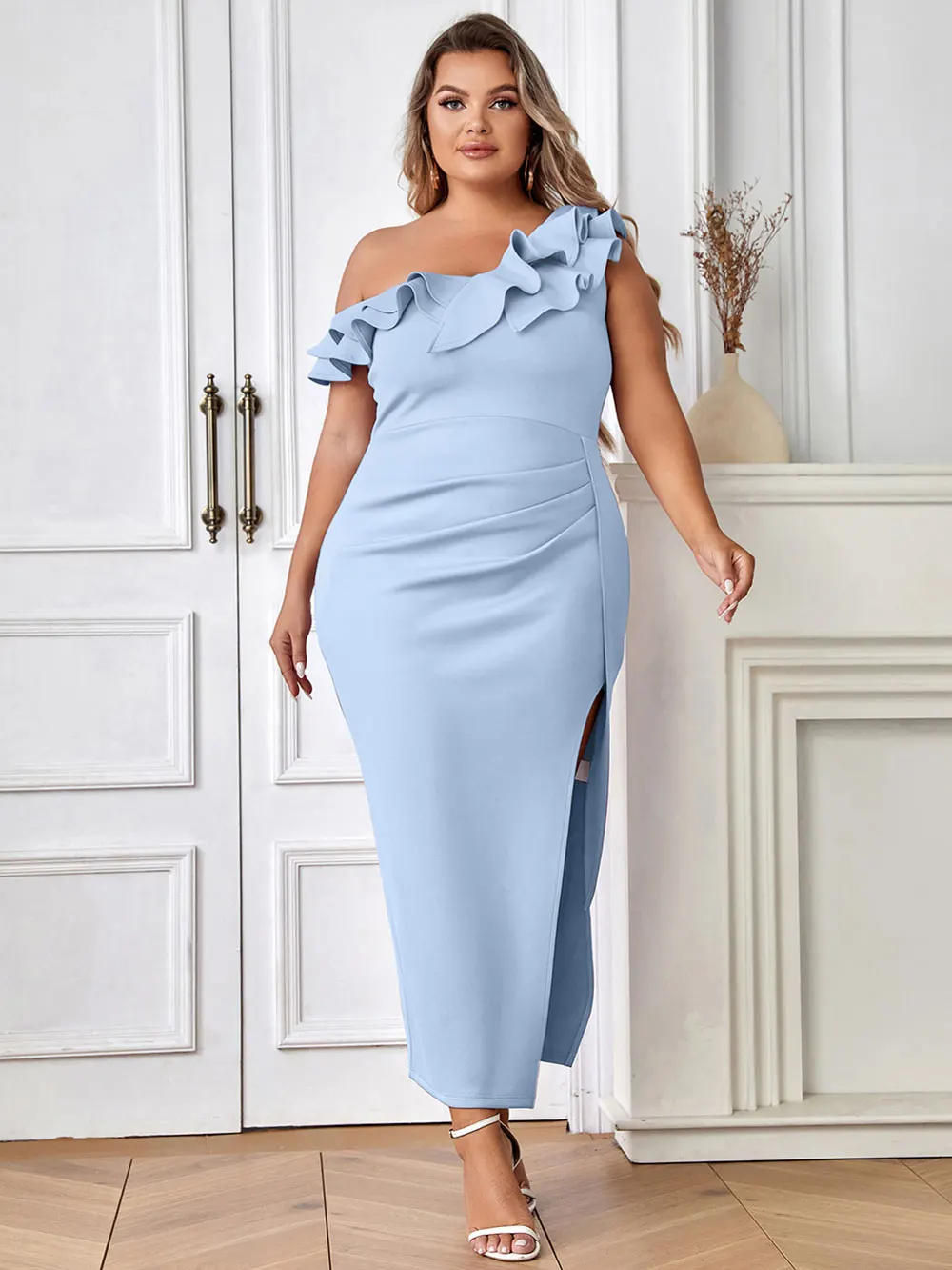 

2024 Sexy Women'S Oversized Dress With Sloping Collar Ruffle Sleeves Bodycon Draped Split Midi Dress Evening Club Party Vestidos