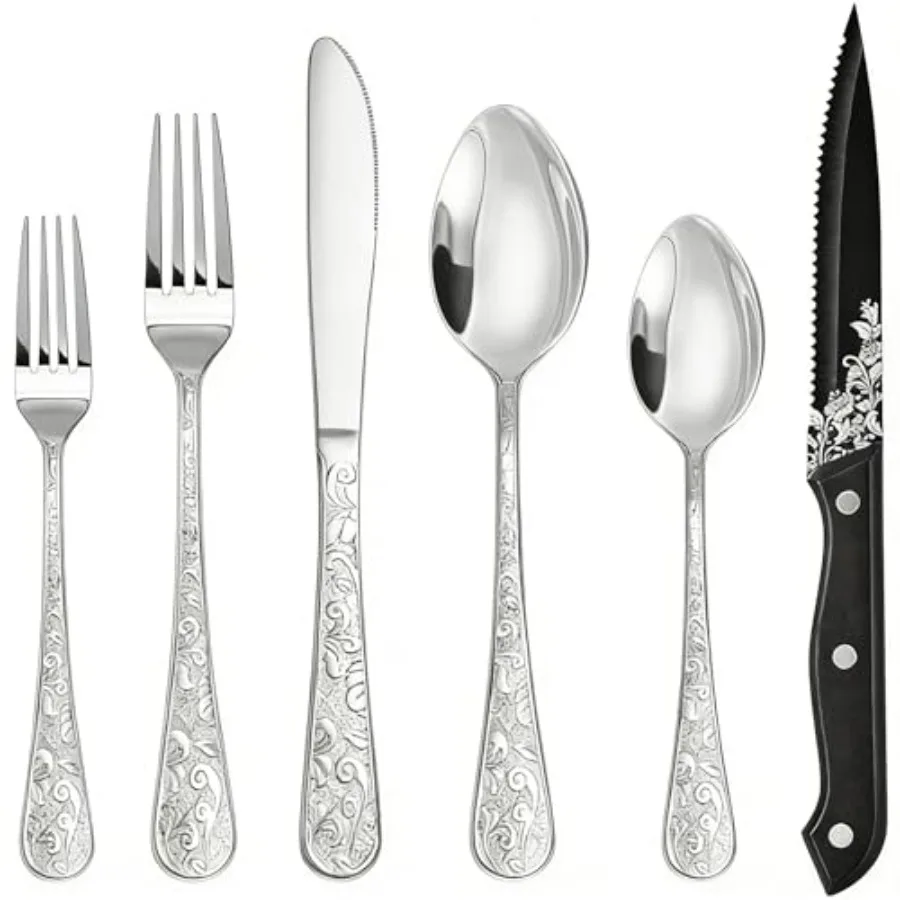 

Stainless Steel ware Set for 4 Vintage Floral Carved Flatware Set with Steak Knives Cutlery Set for Home and Kitchen Mirror Pol