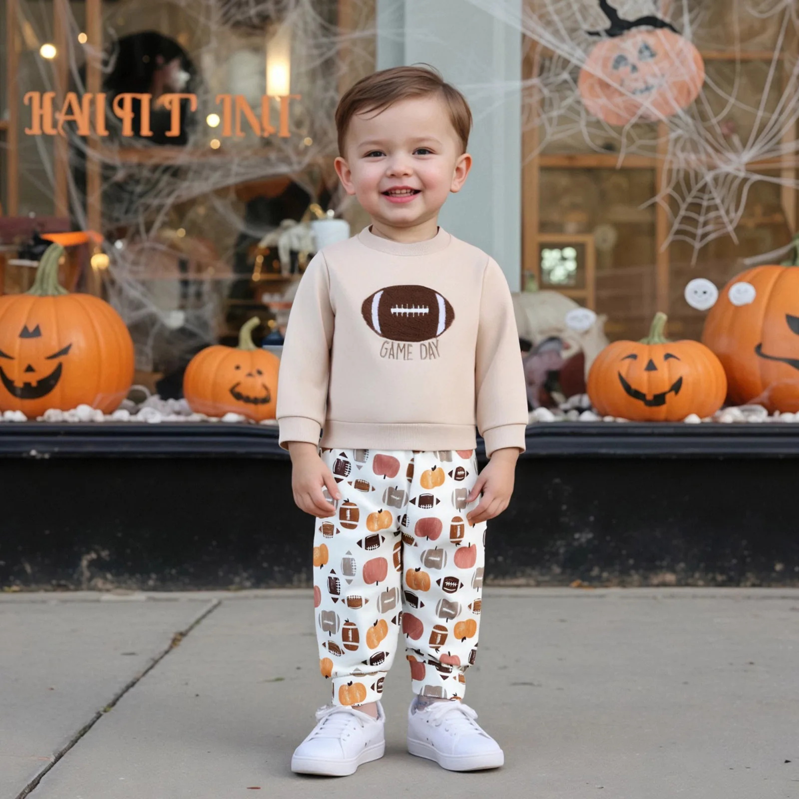 

Toddler Clothes Baby Boys Fall Set Long Sleeve Rugby Embroidery Pullover and Pumpkin Print Pants 2 Pcs Outfits