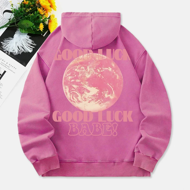 Good Lucky Babe Washed Hoodies Womens Pink Planet Printed Cotton Hooded Warm Pocket Oversize Pullover Winter Womans Streetwear