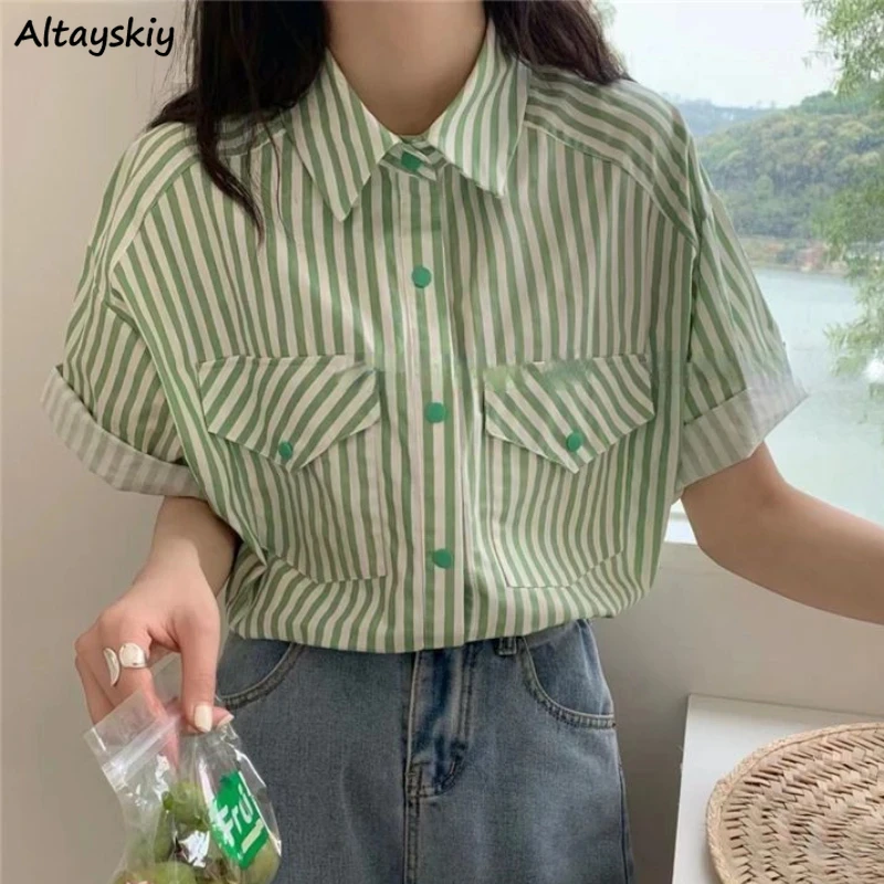 

Cargo Shirts Women Vintage Harajuku Striped Aesthetics Y2k Preppy Girlish Pockets All-match Summer Camisas Korean Designer Chic