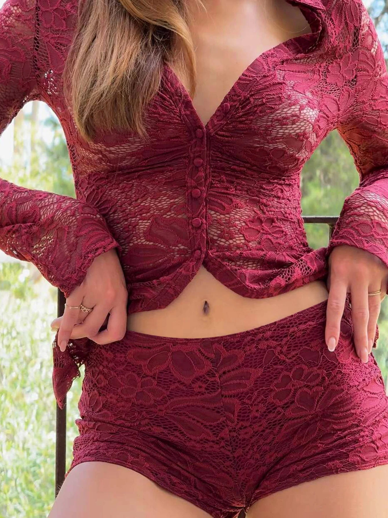 Dulzura Fashion Sexy Elegant 2 Piece Lace Shorts Set Turn-Down Collar Long Sleeve See Through Cardigan Short Pants Matching Set
