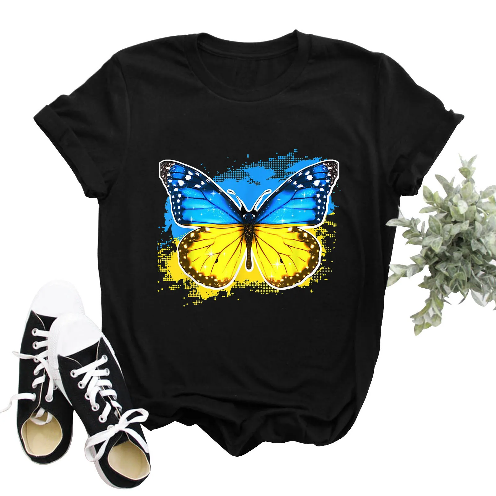 

Cotton 100% Women's Short-sleeved Explosive Butterfly Print Round Neck T-shirt Tops Harajuku Women Clothes Oversized T Shirt