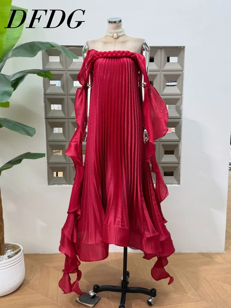 

DFDG Women 2026 Spring Summer Off Shoulder Maxi Dress Braided Neckline Pleated Fabric Ruffle Trim Flowy Party Gown Dress