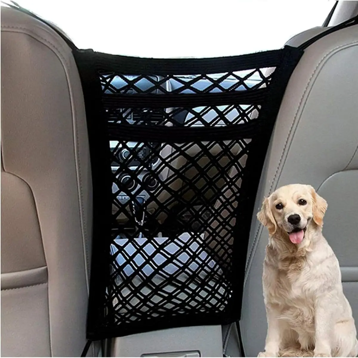 Dog Car Net Barrier with Mesh Organizer Pet Divider for Cars SUVs Upgraded Pet Barrier With Stretchable Storage Bag