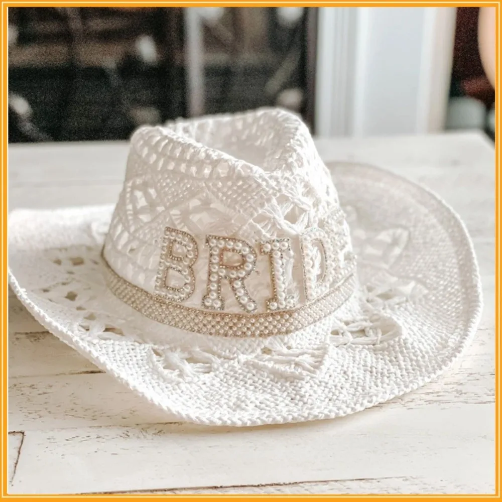 Rhinestone Letter Bride Groom Cowboy Hat Wide Brim Hollow Western Cowboy Hat Crochet Cowgirl Hat For Wedding Bachelorette Party