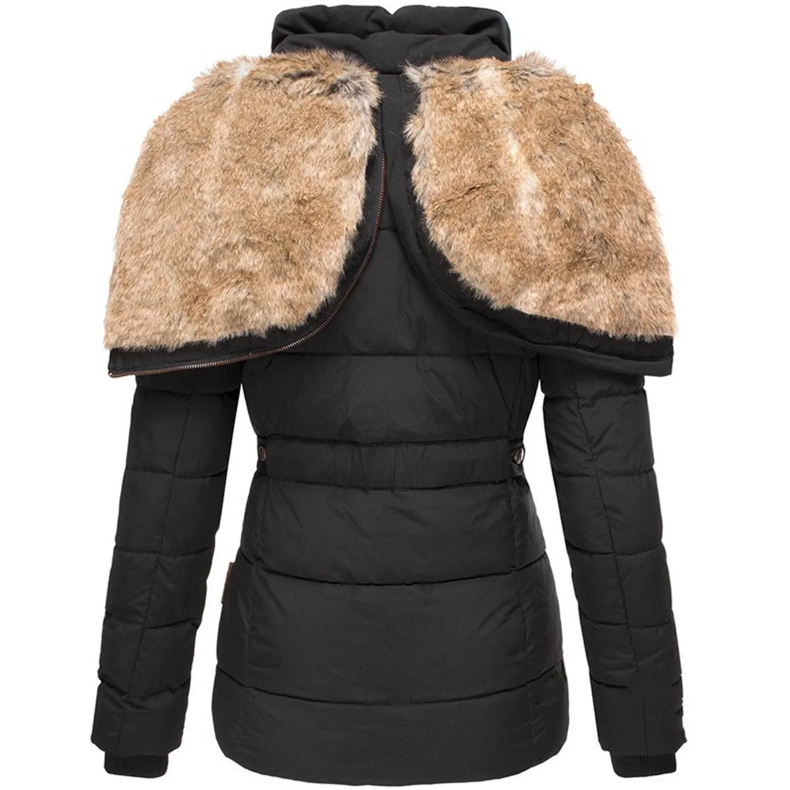 FSMG Winter Warm Women\'s Quilted Coats Fur Hooded Solid Color Slim Women\'s Clothing Fit Windproof Cotton Jacket Female Outerwear