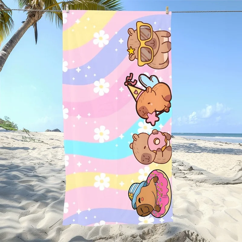 Newest Beach Towel Rainbow Wave Cute Capybara Daisy Cartoon All Over Print Beach Towel Pool Bath Towel view 2