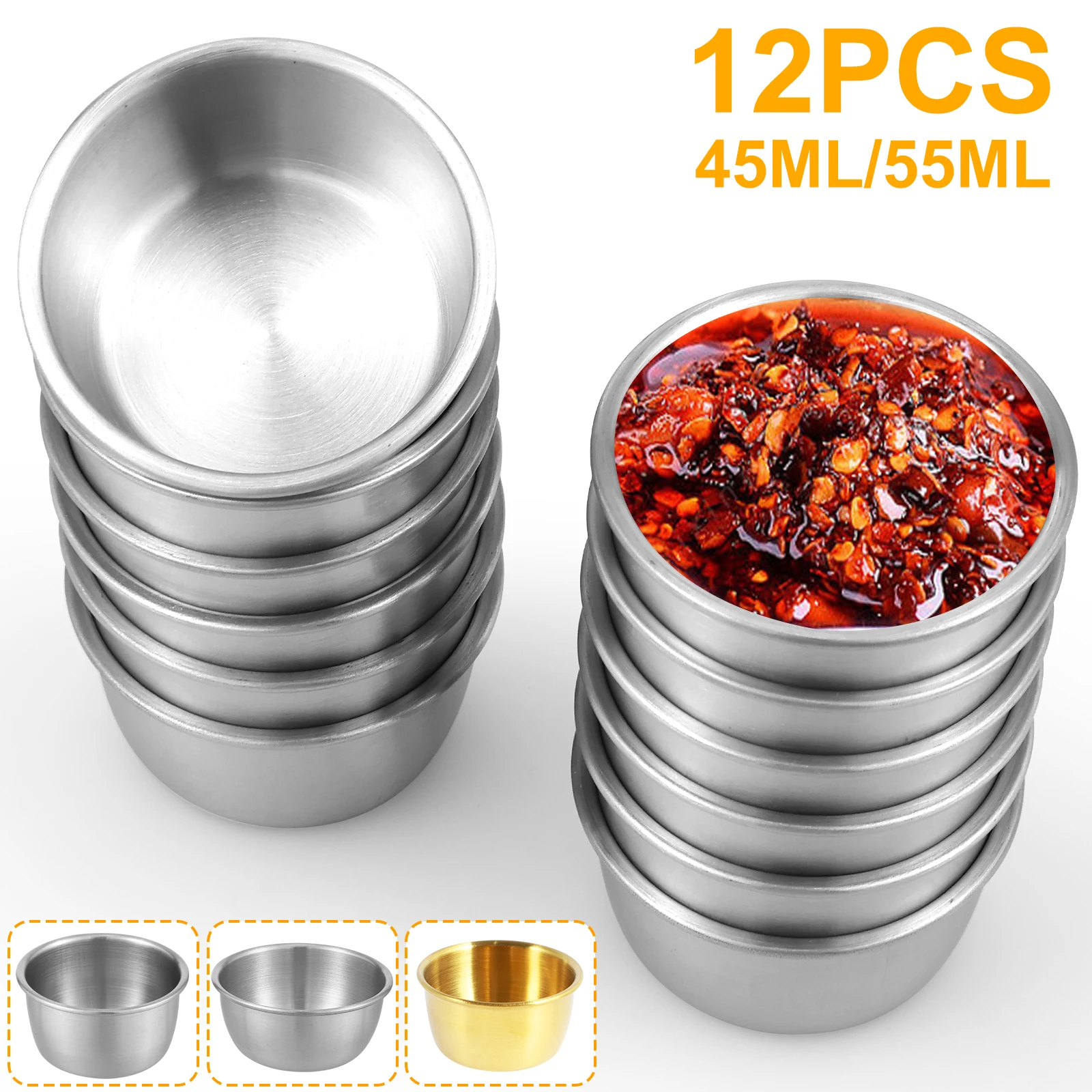 12 Pcs Sauce Dipping Bowl 304 Stainless Steel Dipping Cups Round Sauce Dishes 45/55ml Mini Reusable Seasoning Cups Dipping Cups