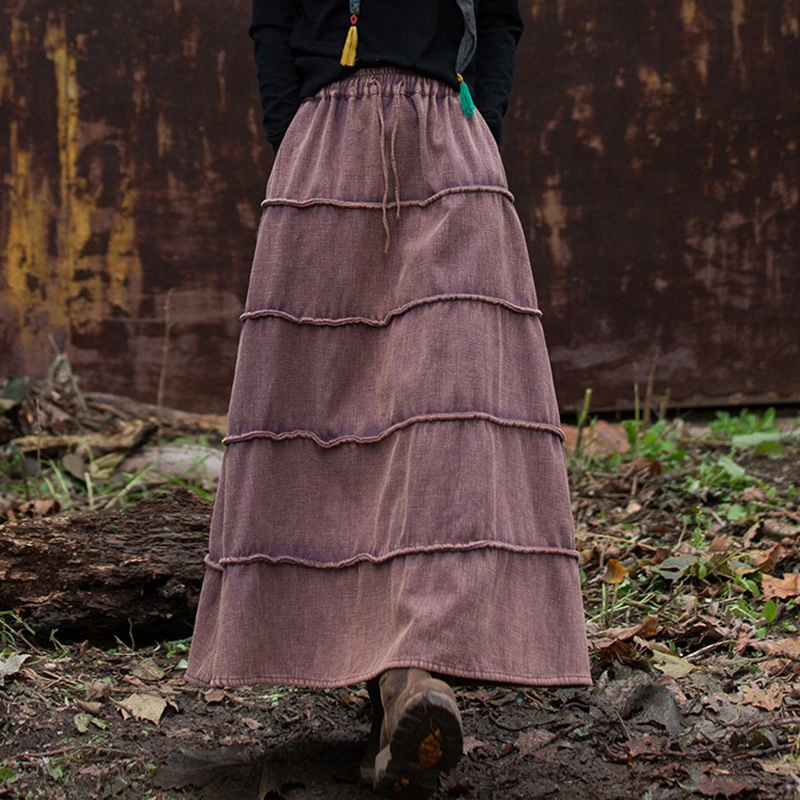 

High Quality Cotton Linen Long Skirt Women New Arrival 2025 Spring Vintage Style Thick Warm Female Casual A-line Skirts T575