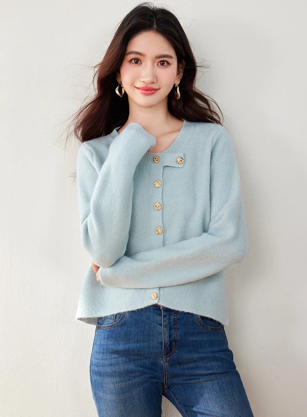 New Arrival Chic High Quality Golden Single Breasted Knitted Cardigan Elegant Women Autumn Round Collar Blue Short Sweater Coat