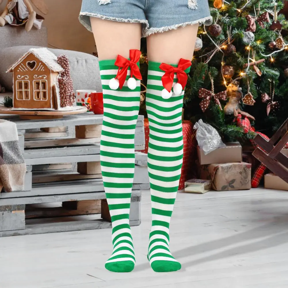 1 Pair Christmas Stockings Colorblock Striped Retro Bow Decor Skinny Performances Cosplay Mini Dress Skirt Pairng Long Socks