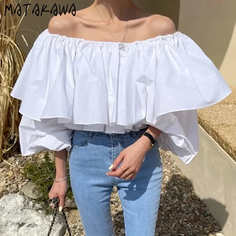 Matakawa Blusas Mujer Solid Lantern Sleeve Solid Ruffles Spring Summer Vintage Women Blouses Chic Korean Fashion Elegant Shirts