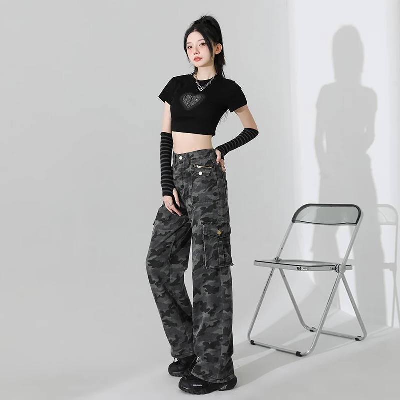 

American Style Grey Camouflage Work Pants, Women's High-waisted Loose Multi-pocket Wide-leg Jeans jeans woman baggy jeans