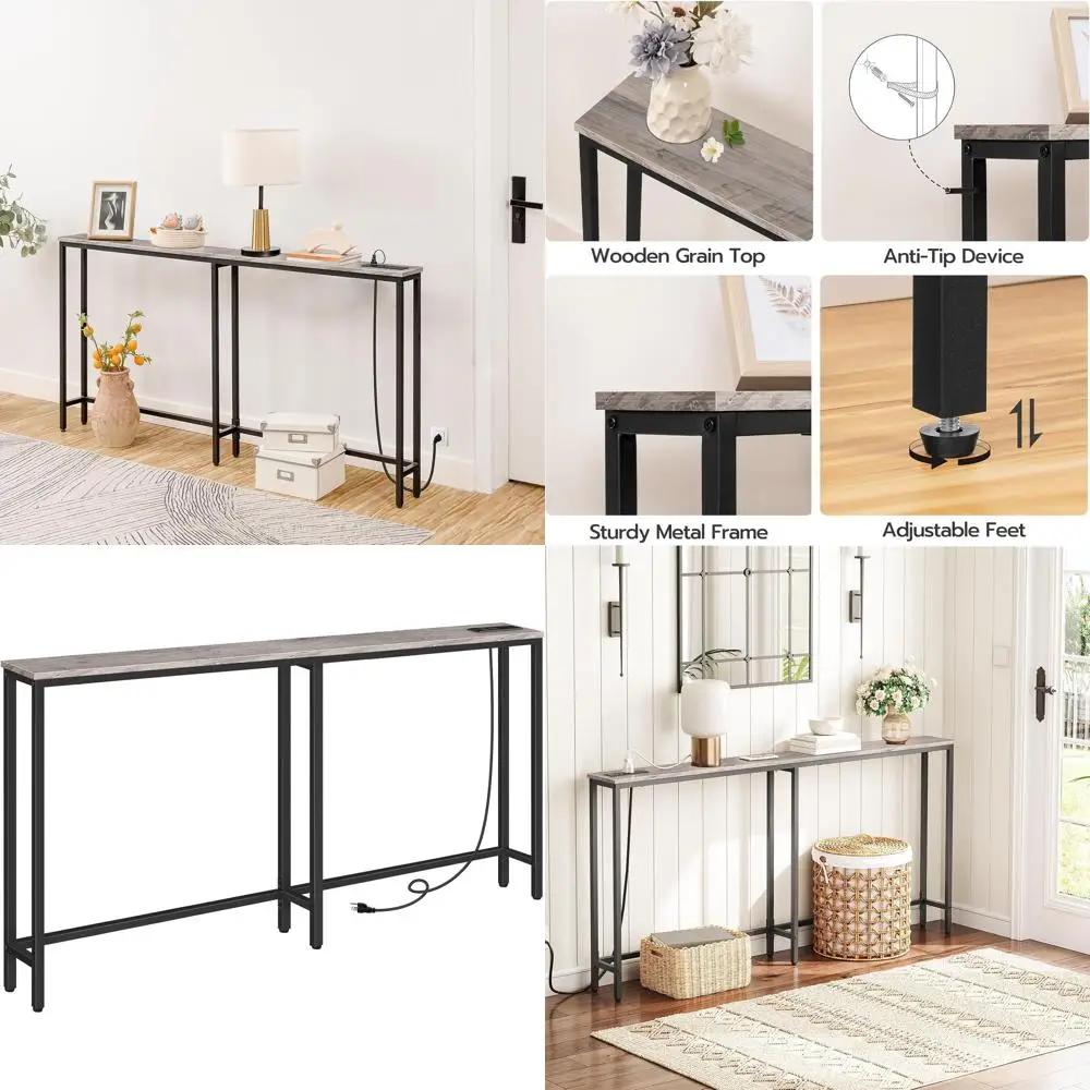 

Тонкий зарядный столик 63 Slim, придиванный столик 5.9 с двойными портами питания и USB, идеально подходит для прихожих, за диваном, в гостиной, серый