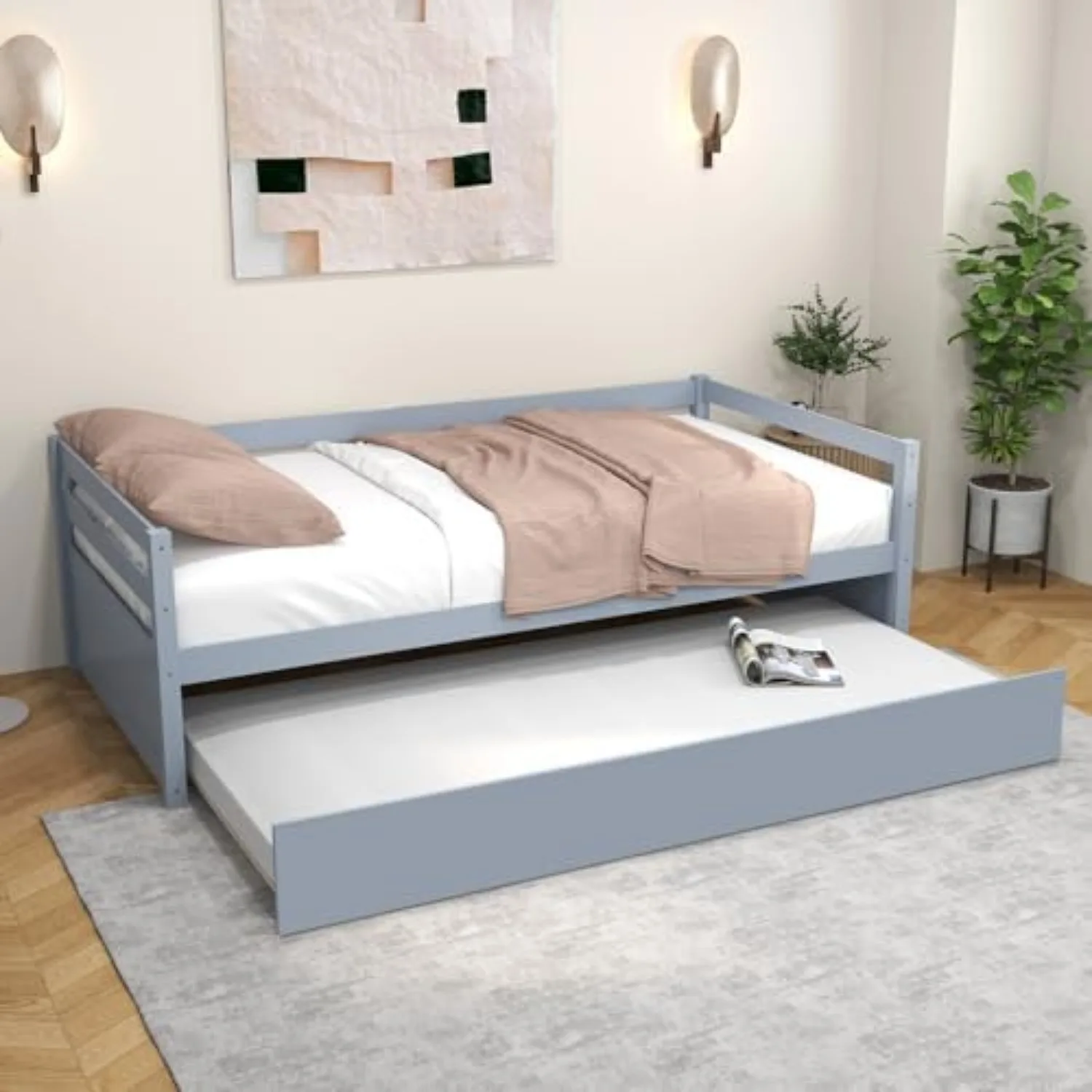 Twin Bed with Trundle, Wood Daybed Frame with Trundle, No Box Spring Needed Sofa Bed Frame, Twin Size Trundle Bed for