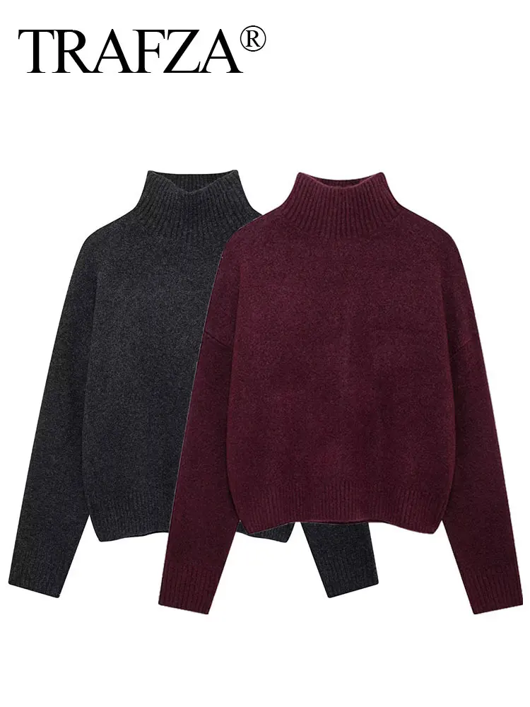 TRAFZA Frauen Vintage Burgund Rollkragenpullover Casual Langarm Gestrickte Pullover Herbst Winter Frauen Feste Warme Strickwaren