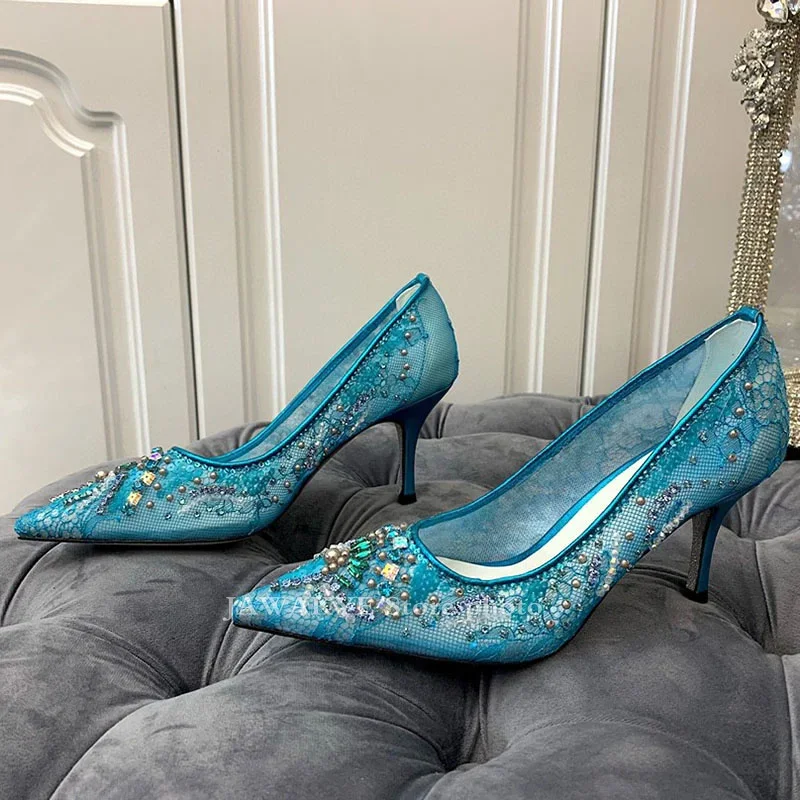 Sapatos de salto alto de renda para mulheres incrustados grânulo corda sandálias stiletto formal sapatos de festa de noiva mujer verão bombas de cristal senhoras