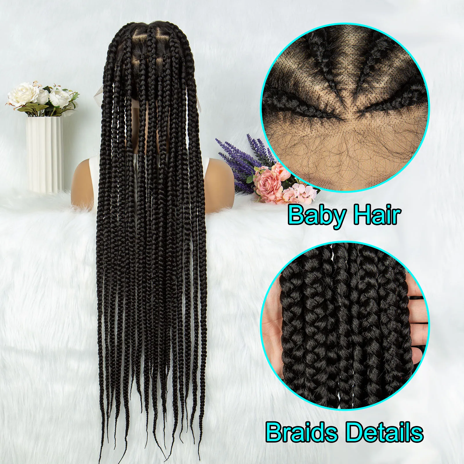 KIMA-Peruca Sintética Cheia Do Laço Briaded, Cornrow Tranças, Cabelo Do Bebê, Transparente Laço Trançado, Caixa Knotless, Faux Locs